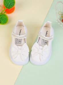 1 Pair Girls Bow-Knot PU Leather Princess Shoes With Hook And Loop Design, Suitable For Spring And Autumn - Beige - View 8