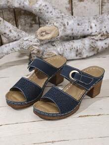 超轻女士夏季新款纯色镂空钩环可调节脚围粗跟休闲一脚蹬高跟凉鞋 - 藍色 - 查看 9