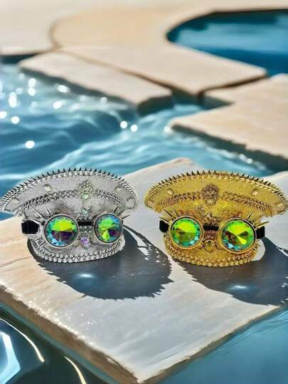 1pc Shiny Polyester Steampunk Rhinestone Captain Hat With Goggles, Military Hat, Rave Accessory, Party Hat, Costume Hat, Women's Hat, Women's Carnival Costume, Women's Pirate Costume, Fun Costume Hat, Pirate Hat, Women's Pirate Accessory, Charming Women's Hat, Women's Summer Hat, Halloween Costume, Men's Hat, Fun Costume, Pirate Costume Pumpkin Vampire Costume Autumn