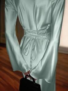 圣诞女士定制缎面长裙，束腰设计，经典圆领，夸张喇叭袖，奢华晚礼服，优雅女士连衣裙，冬季连衣裙，新年连衣裙，派对连衣裙，沙滩连衣裙，女士优雅连衣裙，休闲长裙，度假连衣裙，节日连衣裙，夏季连衣裙（绿色） - 薄荷綠 - 查看 4