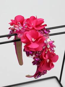 1pc Handcrafted Artificial Flower Fabric Hairband With Rhinestone Baroque Design, Great Valentine's Day Gift, Hairband Headband For Women ,Hair Accessories - Red - View 17