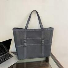 Bolsa de playa de lona de gran capacidad, versátil para ir al trabajo, bolsa de hombro de compras, ligera, bolsa de malla semitransparente hueca - Gris - Ver 16