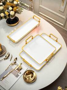 1pc Elegant Gold-Rimmed PS Plastic Tray Set - Multipurpose Rectangular Trays Suitable For Kitchen, Dining Room, Living Room - Great For Tea, Snacks, Candy, Bread - Perfect For Weddings, Gifts, Birthday Events