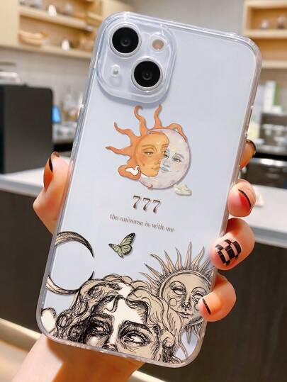 1pc , Personalized Sun, Moon & Number Graphic Transparent TPU Full Coverage Anti-Fall Anti-Fingerprint Protective Soft Phone Case, Compatible With IPhone 16 Pro/16 Plus, 15/15 Pro Max/15 Pro, 11/12/13/14 Pro Max, 11 Pro/11 Pro Max, 12 Pro/12 Pro Max, 13 Pro/13 Pro Max, 14 Pro/14 Pro Max Waterproof Shockproof Scratch Resistant