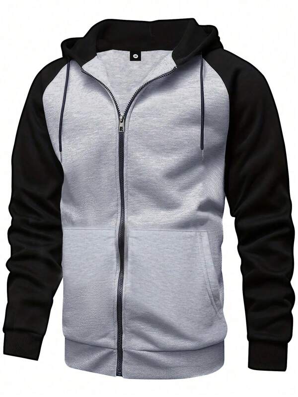 Men's Regular Fit Long Sleeve Contrast Color Zip Up Hoodie, Basic Style Casual Sports Outdoor Pullover, Suitable For Leisure, Sports, Running, Outdoor Activities, Spring/Autumn