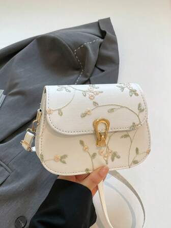Minimalist Floral Embroidery Mini Crossbody Bag, White
