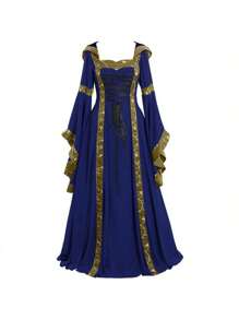 European And American Popular Women's Medieval Retro Court Style Hooded Dress With Square Collar And Flared Sleeves, Large Swing Skirt