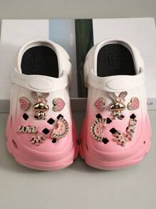 1 par de sandalias gruesas con base de EVA impermeable y antideslizante, con decoración de conejo bañada en oro, puntera redonda y degradado de color rosa y blanco, apropiadas para el verano, para niñas