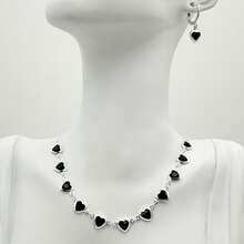 Women's Colorful Heart Necklace + Bracelet And Earrings Set In 925 Silver Plated - Black - View 2
