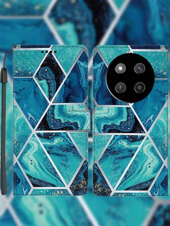 PU Leather Protective Phone Case For Honor, Wallet Design, Rock Texture Painting Pattern, Stand Function, Lanyard Included, Suitable As Gift
