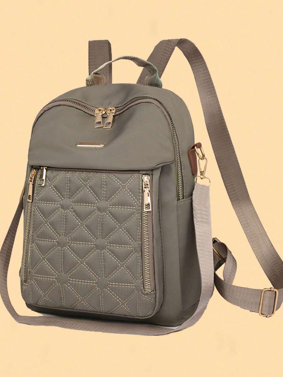 双肩包女新款水钻格子大容量旅行时尚休闲包牛津布女背包 - 卡其色 - 查看 1