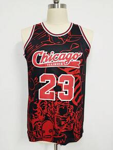 KTYSDE Men's #23 Black & Red Color Embroidered Basketball Jersey, Loose Fit Crew Neck Sleeveless Blokecore Sports Top - Multicolor - View 2