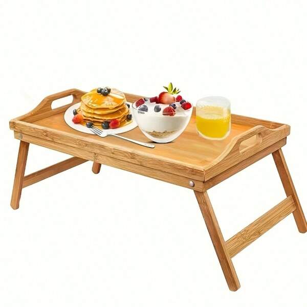 1pc Foldable Bamboo Tray, Adjustable Bamboo Breakfast Tray With Folding Legs Suitable For Serving Meals In Bed, Use As A Tea Tray, Breakfast Table, Or Laptop Desk