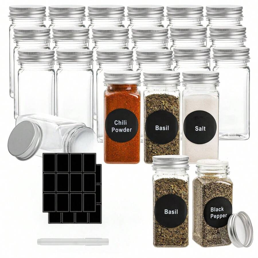 12/24 件 5.6 盎司（约 160 克）方形塑料香料罐，可重复使用的塑料调味容器，带密封盖，标签纸和笔，盐和胡椒瓶，香料罐，密封罐套装，适合户外用餐，香料，香草，粉末和闪光 - 彩色 - 查看 1