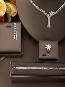 1 Set Elegant Cubic Zirconia Flower Design Jewelry Set Suitable For Women Wedding Party Wear, Including 1 Pair Earrings, 1 Necklace, 1 Bracelet, 1 Ring, No Gift Box Included