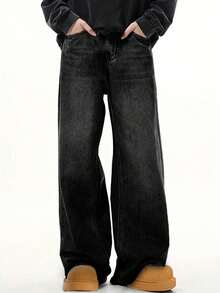 复古宽松百搭休闲男士牛仔裤，适合所有季节，垃圾摇滚 - 黑色 - 查看 4