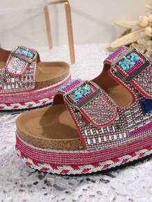 2026 Spring/Summer New Women's Sandals, Double Strap With Rhinestones, Fashionable Thick Sole Slippers, Random Floral Patterns, Essential For Vacation & Beach, Suitable For All-Day Wear - Rose Red - View 9