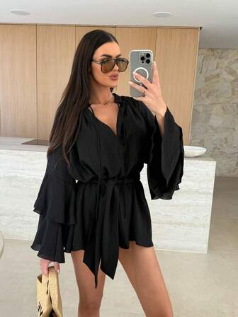 Fashionable Solid Color V-Neck Asymmetrical Tie-Up Long Sleeve Loose Mini Dress