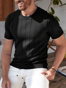 Men's Solid Color Short Sleeve Knit Vertical Striped Crew Neck Top, Old Money Style