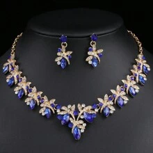 Set de 3 piezas de juego de joyería para mujer: collar, aretes, accesorios de cena de boda de lujo con diamantes de imitación brillantes