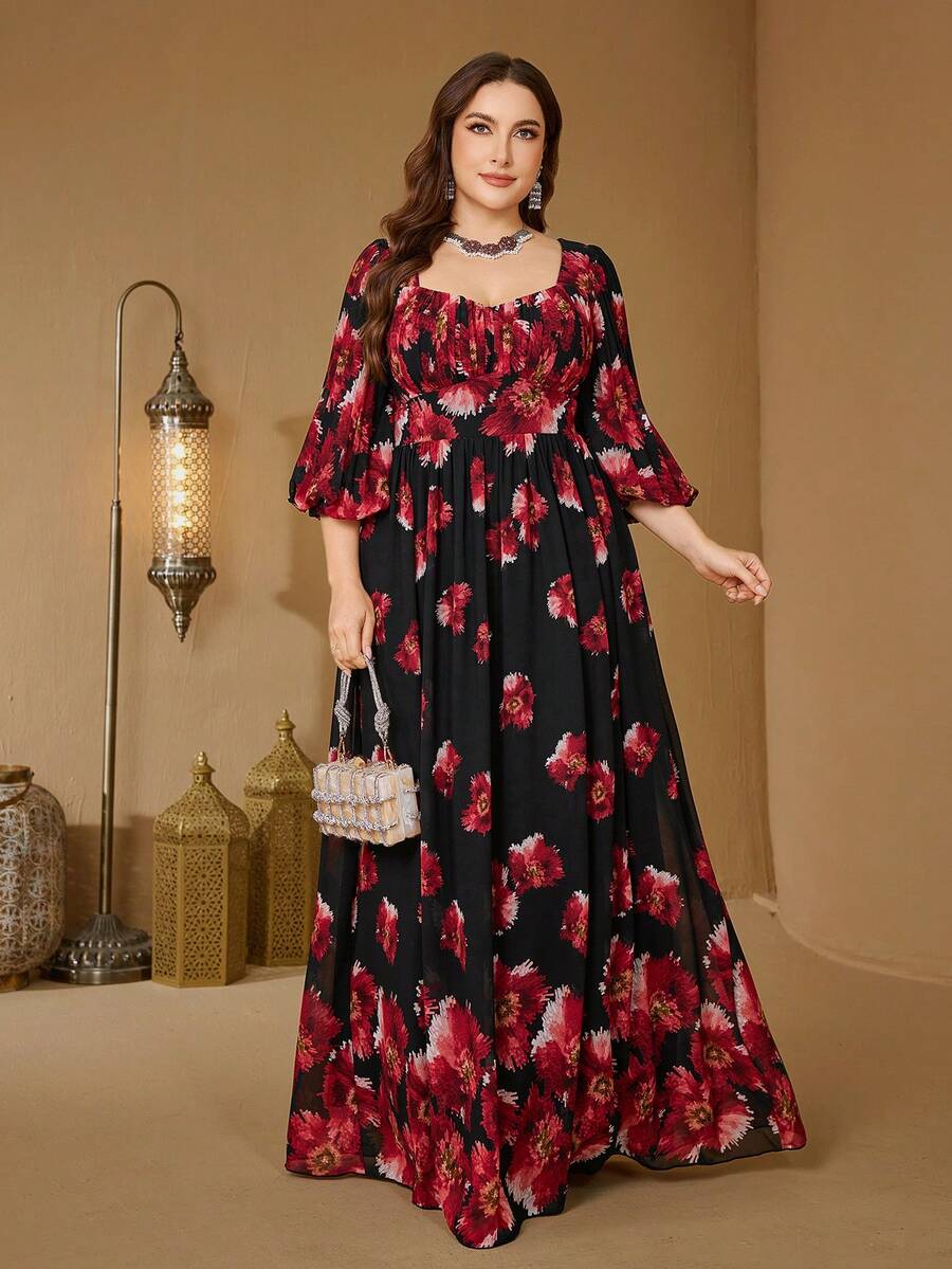 Plus Size Floral Print Lantern Sleeve Chiffon Elegant Midi Dress - Black - View 1
