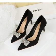 Zapatos de tacón alto de mujer con punta puntiaguda, lazo de mujer, abertura baja, zapatos sencillos, zapatos de mujer de satén