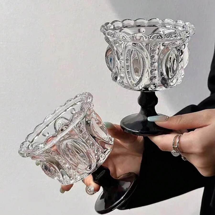 Taza de cristal retro con relieve, copa para postre de yogur con pie alto, taza de café estilo europeo antiguo y creativa