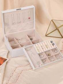 1-częściowe pudełko na biżuterię, duża pojemność, dwuwarstwowe, wodoodporne pudełko do przechowywania biżuterii z PU, z zamkiem, miękka wyściółka, odpowiednie dla kobiet, dziewcząt, mężczyzn, nowoczesny styl, świetny prezent dla kobiet, matek, nauczycieli, składane, prostokątne pudełko na biżuterię z szufladą - wielobarwność - Zobacz 4