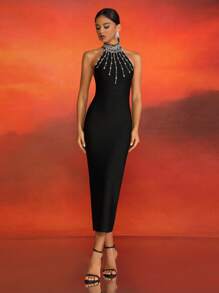 Luxury Handmade Rhinestone Embellished Sleeveless Black Bandage Slit Evening Dress For Women, Elegant Formal Prom Dress, For Wedding Guest, Graduation, Dinner