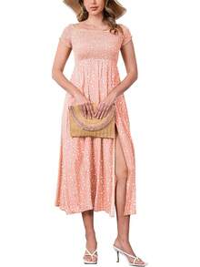 Vestido largo casual y suelto para mujer estilo boho de verano con hombros descubiertos y mangas de campana - Rosa - Ver 4