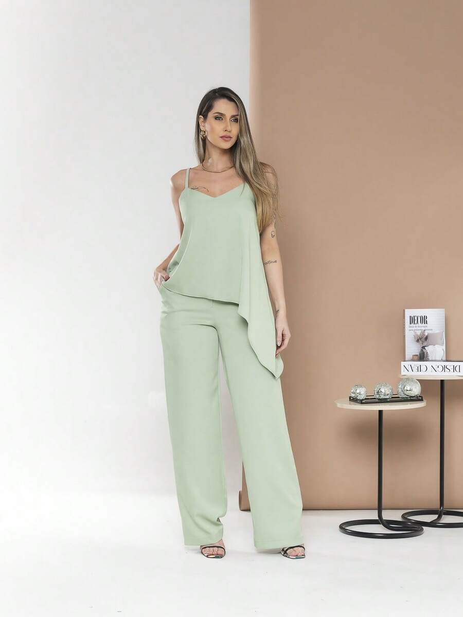Asymmetric Blouse Set With Elegant Palazzo Pants C3142 - Mint Green - View 1