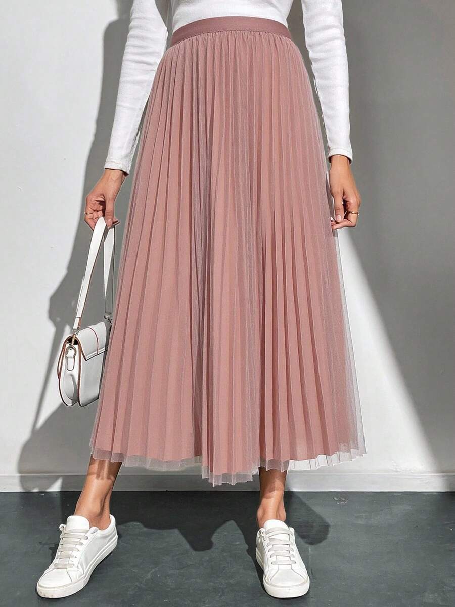 Falda midi dama mujer tejido mesh gllitter suave decorativo pretina elástica bajo recto semi plisado cómodo girly chic día noche fiesta concierto vacaciones calor primavera verano calle concierto cumpleaños - Café integral - Ver 1