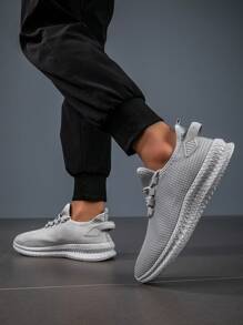 Men's Lightweight Breathable Mesh Sport Shoes, Gray Color, Thin Sole Slip-On Casual Outdoor Vacation Style Sneakers