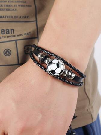 Fashion Soccer Bead Leather Bracelet, Sports Fan Commemorative Gift, Soccer Fan Gift