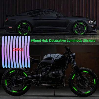 20 ملصق مضيء لزخرفة محور العجلة، شرائط عاكسة للسيارات والدراجات النارية والدراجات، مصنوعة من مادة البولي إيثيلين تيريفثالات (PET)، مقاومة للماء، قابلة للتطبيق على نطاق واسع وسهلة الاستخدام.