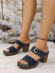 超轻女士夏季新款纯色镂空钩环可调节脚围粗跟休闲一脚蹬高跟凉鞋 - 藍色 - 查看 3