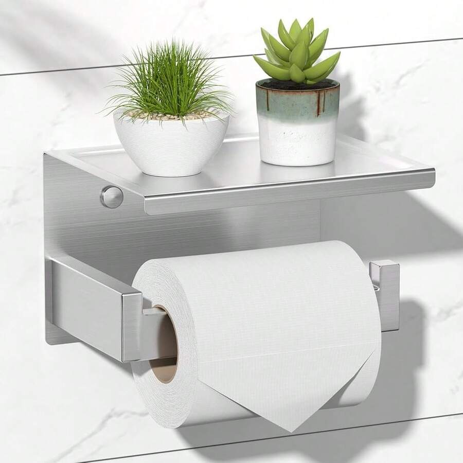 New  Brushed Nickel Toilet Paper Holder, Stick On Sier Toilet Paper Holder  Shelf, Self Adhive No Drill Or Wall-Mount  Screws For Bathroom - Brushed Nickel  Shelf - View 1
