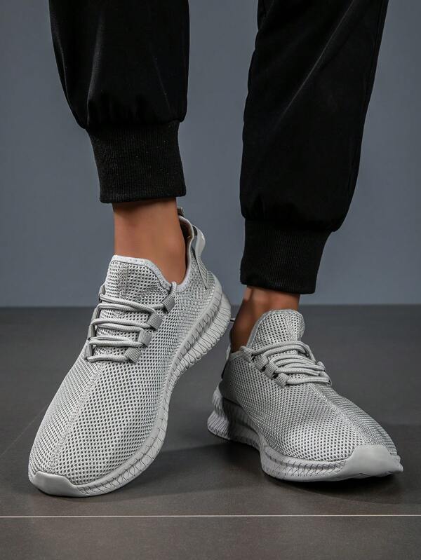 Men's Lightweight Breathable Mesh Sport Shoes, Gray Color, Thin Sole Slip-On Casual Outdoor Vacation Style Sneakers