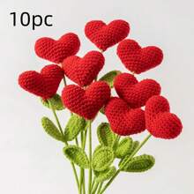 2pcs/6pcs/10pcs Hand Crocheted Heart Floral Bouquet - Handmade Yarn Heart Flowers With Green Stems, Ideal For Valentine's Day, Mother's Day, Graduation, Thanksgiving, Birthday Gifts And Special Occasions - Home Decor