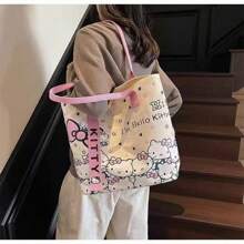 Sanrio Hello Kitty Cartoon Cute Canvas Bag, Portable Large Capacity Student Carrying Shoulder Bag, Cute Commuting Tote Bag, Suitable For Work, Travel, School, Daily Use