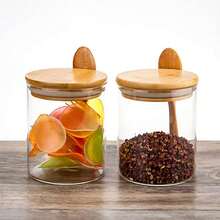1pc - Glass Airtight Container, Sugar Jar, Spice Jar, Food Storage, With Wooden Lid And Spoon, Transparent Storage Jar With Wooden Lid And Spoon, Leaf Jar, Coffee Jar, Spice Jar, Airtight, Coffee, Tea, Candy, Special Purpose, Airtight Glass Kitchen Jar, Airtight Food Storage Jar, Various Cereals And Snacks - Multicolor - View 2