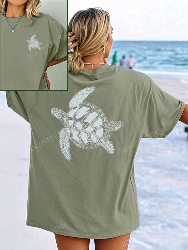 Women's Summer New Simple Cute Turtle Print Casual Vacation Style Loose Versatile Round Neck Apricot Short-Sleeved T-Shirt Fashionable Daily Tops Suitable For Daily Vacation Wear White Top