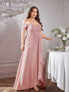 Plus Size Women Solid Color Chiffon Ruffle Crossed Waist Asymmetrical Hem Elegant Bridesmaid Dress - Dusty Pink - View 6