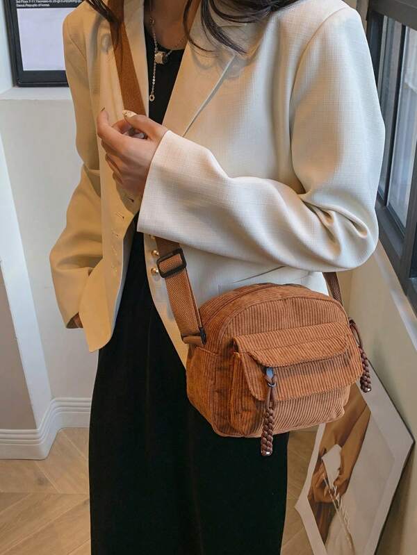 1pc Solid Color Multi-Pocket Mini Corduroy Compact Commute Zipper Fashion Simpla Casual Shoulder/Crossbody Bag, Suitable For Women Everyday Use