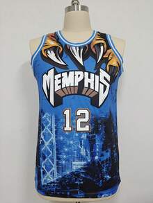 KTYSDE Áo bóng rổ nam số 12 kiểu retro, in chữ Memphis và thêu, dáng rộng, không tay, cổ tròn, thích hợp cho bóng rổ, thể thao, chạy bộ, thời trang đường phố, unisex, mùa xuân. - Màu xanh lam - Xem 2