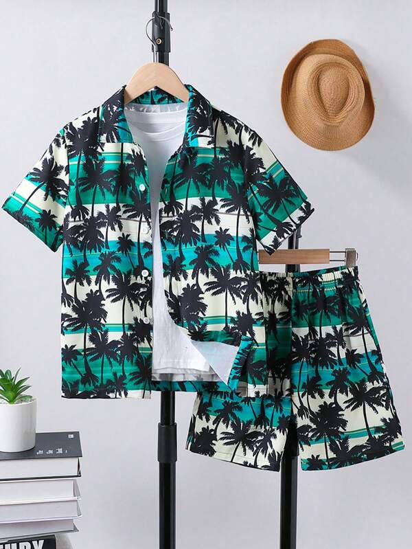 2 pezzi Set casual: Camicia a maniche corte con stampa hawaiana e pantaloncini hawaiani a vita elastica per ragazzi