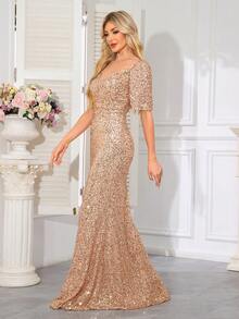 hezixi Solid Color Romantic Party Sequin Patchwork Zipper Slit Evening Party Wedding Anniversary Graduation Party Music Festival Holiday Cocktail Wedding Guest Graduation Ball Mixed Sequin Tassel, Elegant - Champagne - View 5