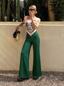 Set da donna a 2 pezzi: Canottiera elegante e sexy con stampa tropicale bohémien a scollo quadrato e pantaloni casual da lounge in tessuto liscio, ideali per l'abbigliamento da vacanza all'aperto e per uscite