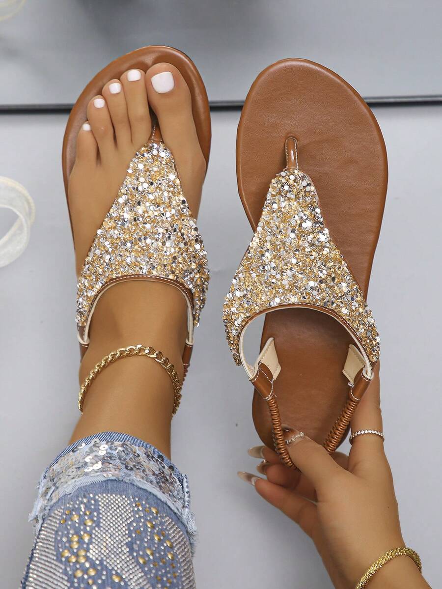 Women's Elastic Back Strap Rhinestone & Sequin Decorative Thong Sandals, Bohemian Rust Brown Summer Beach Flip Flops, Casual Daily Wear