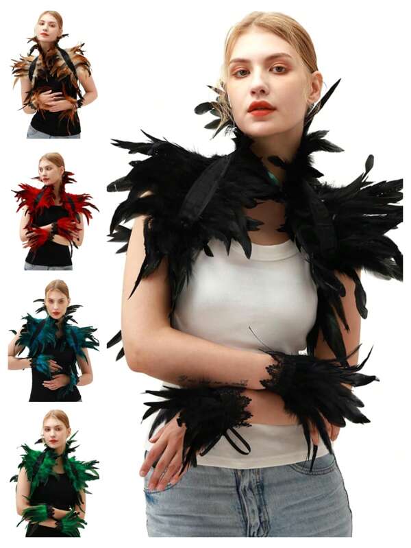 Conjunto de 3 piezas que incluye capa con plumas, chal y manguito de muñeca con plumas. Capa con plumas, disfraz de capa, chal con plumas para Halloween, carnaval, fiesta punk, baile de máscaras, en estilo gótico victoriano.